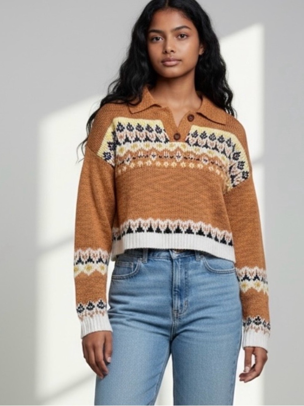Angie NWT Collared Fair Isle Cropped Knit Sweater Mustard Brown Boho Medium